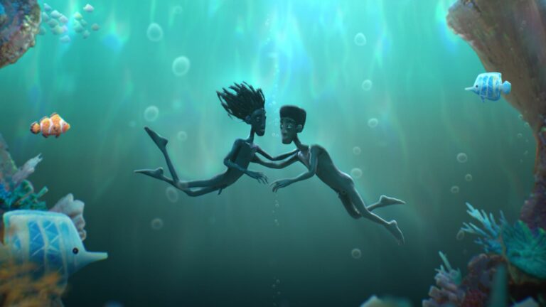 Two Black Boys in Paradise still of two animated boys swimming underwater
