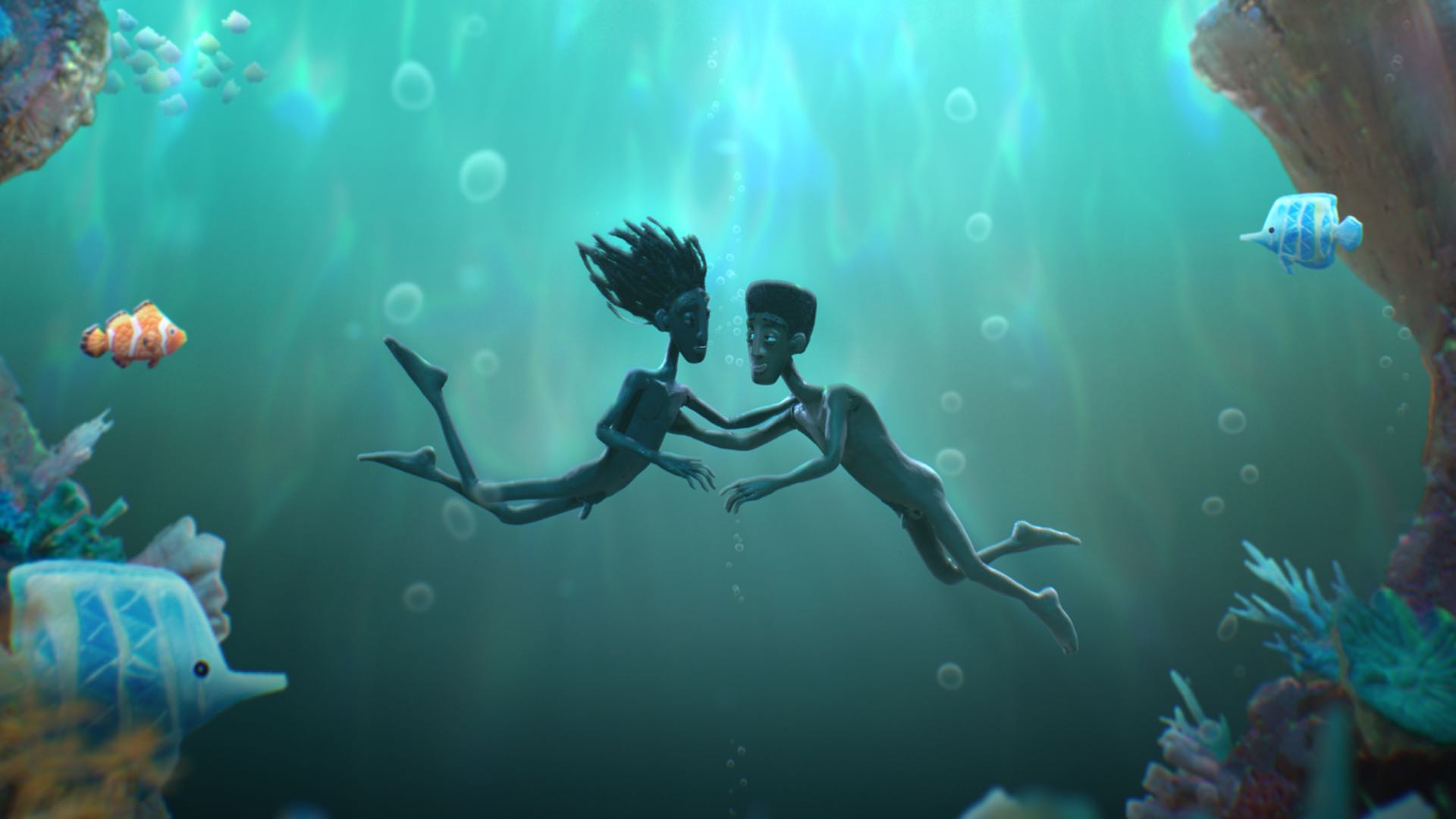 Two Black Boys in Paradise still of two animated boys swimming underwater