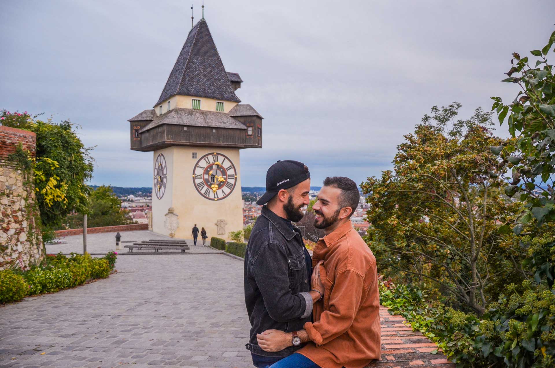 Writers Simon Salton and Marco Girardi infront of Uhrturm, the iconic clock tower