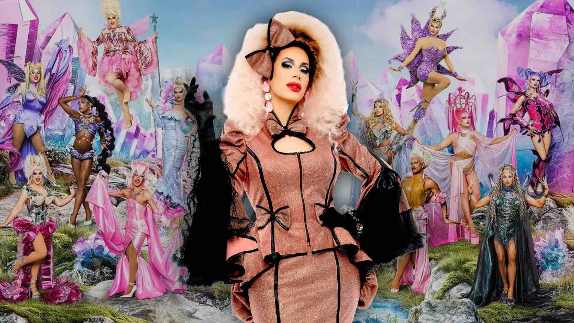 Divina De Campo in front of the RuPaul’s Drag Race UK series 7 cast