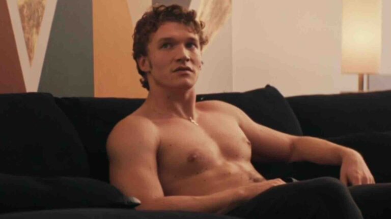 Connor Storrie shirtless in Heated Rivalry still