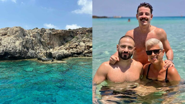 Cliff of Ayia Napa and writer Cliff with two of his friends in the sea