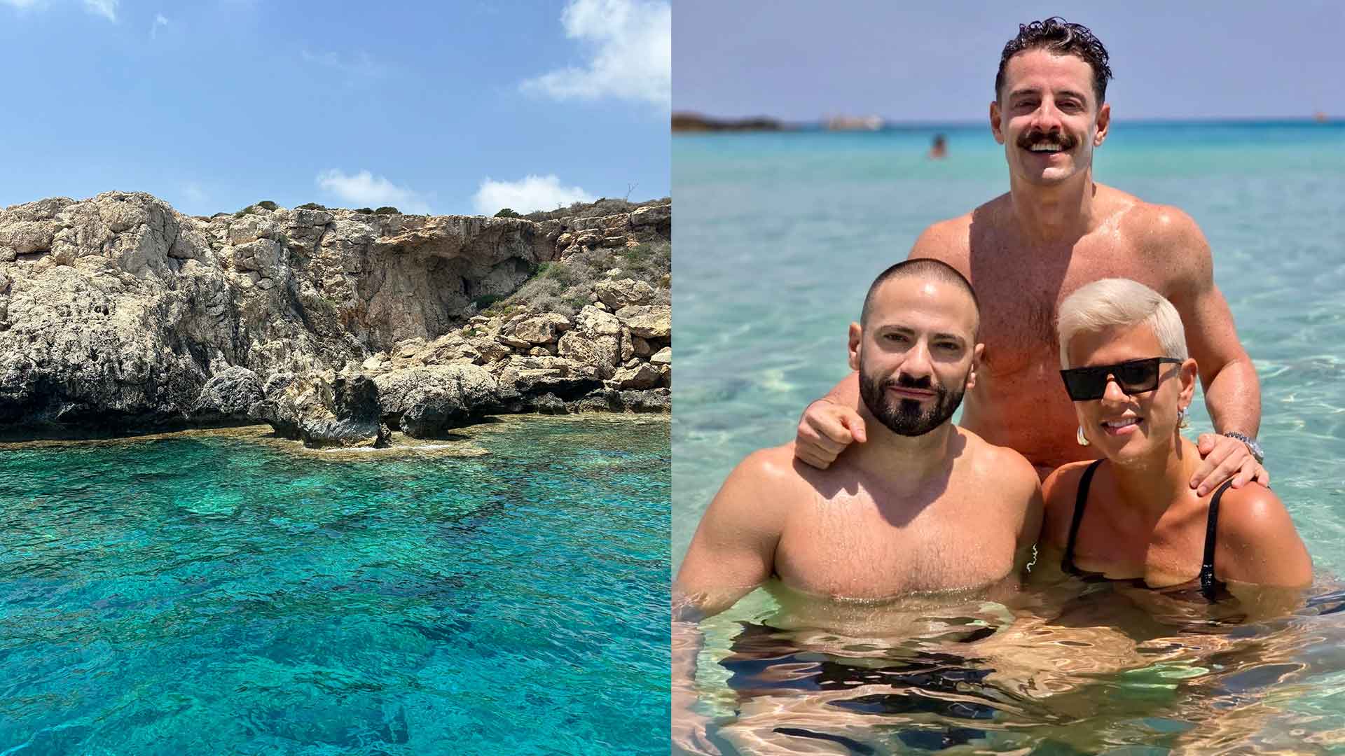 Cliff of Ayia Napa and writer Cliff with two of his friends in the sea