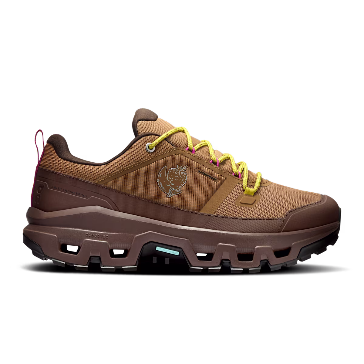 A product shot of the On x Sky High Farm Goods Cloudrock Low Waterproof SHF in chestnut brown as part of Attitude's spring shoes shopping gallery