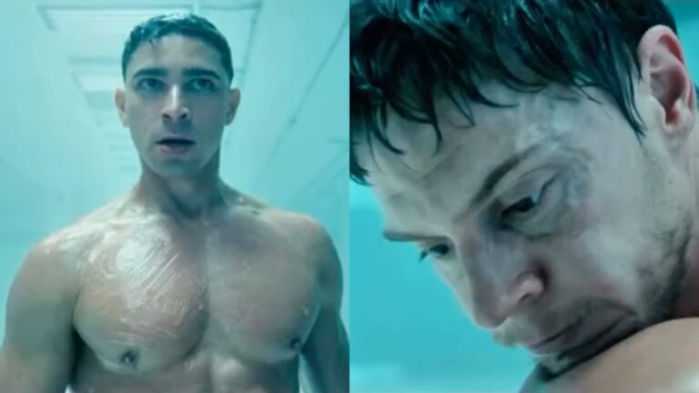 Isaac Powell wrestling Evan Peters in The Beauty