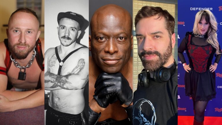 a composite of five images of the five contributors, several in fetish gear, close-ups