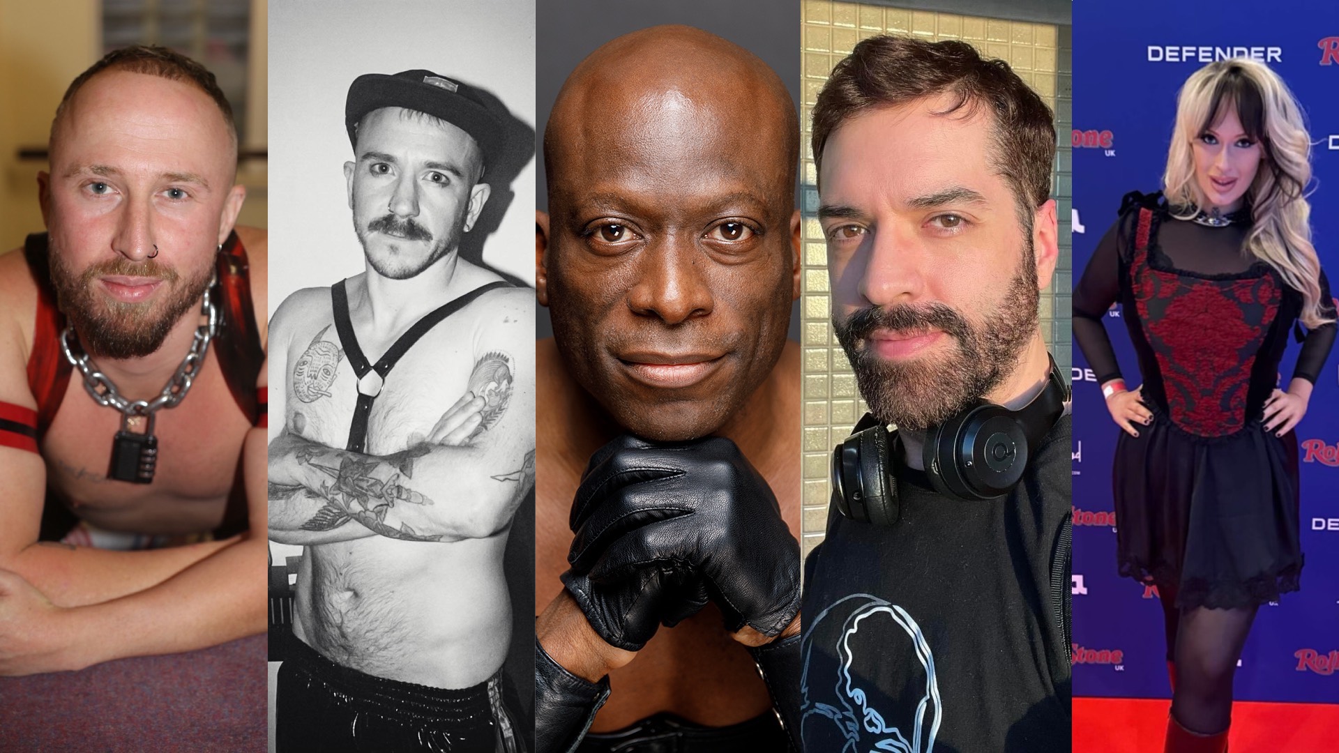 a composite of five images of the five contributors, several in fetish gear, close-ups