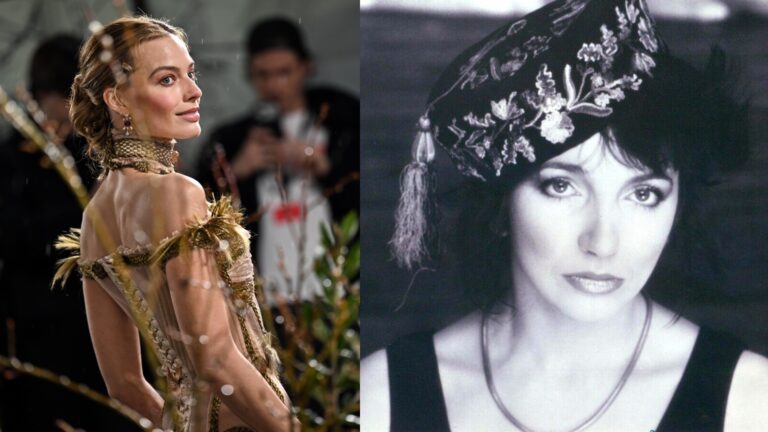 a composite of images of Margot on withering heights red carpet and Kate bush in press shot for hounds of love era