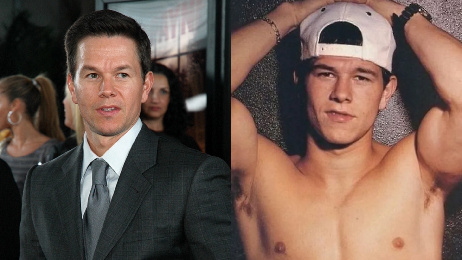 Mark Wahlberg wearing a suit; shirtless in the 90s