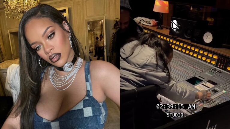 Rihanna poses for a selfie; seen in the studio