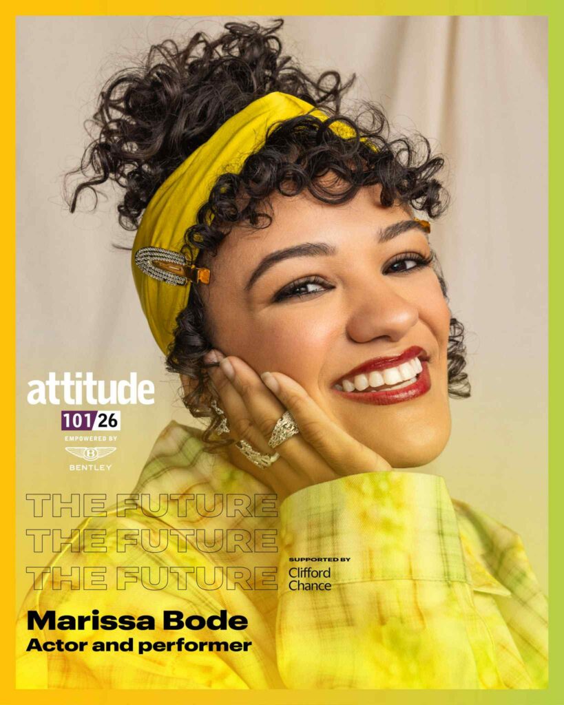 A portrait of Marissa Bode smiling and looking upward, wearing a yellow headscarf, hair clip and yellow patterned jacket, with her hand resting against her cheek. The image is overlaid with Attitude 101 2026 branding and text identifying her as actor and performer in the Future category, supported by Clifford Chance and empowered by Bentley.