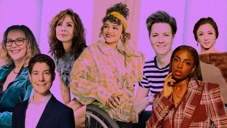 A composite image of ten women from the Attitude 101 2026 list, grouped together against a purple background, including Marissa Bode, Cat Burns, Fleur Cousens, Stephanie Hirst, Karen Hilton, Emma Perriman-Rabone, Sue Sanders, Leah Williamson, Talisa Garcia and Jin Xing.