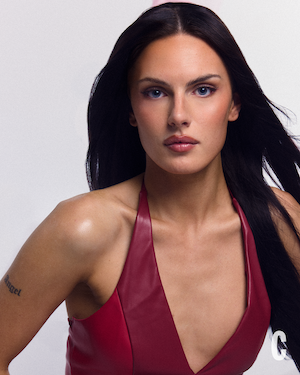 Bel Priestley for Cosmopolitan in a red leather dress 