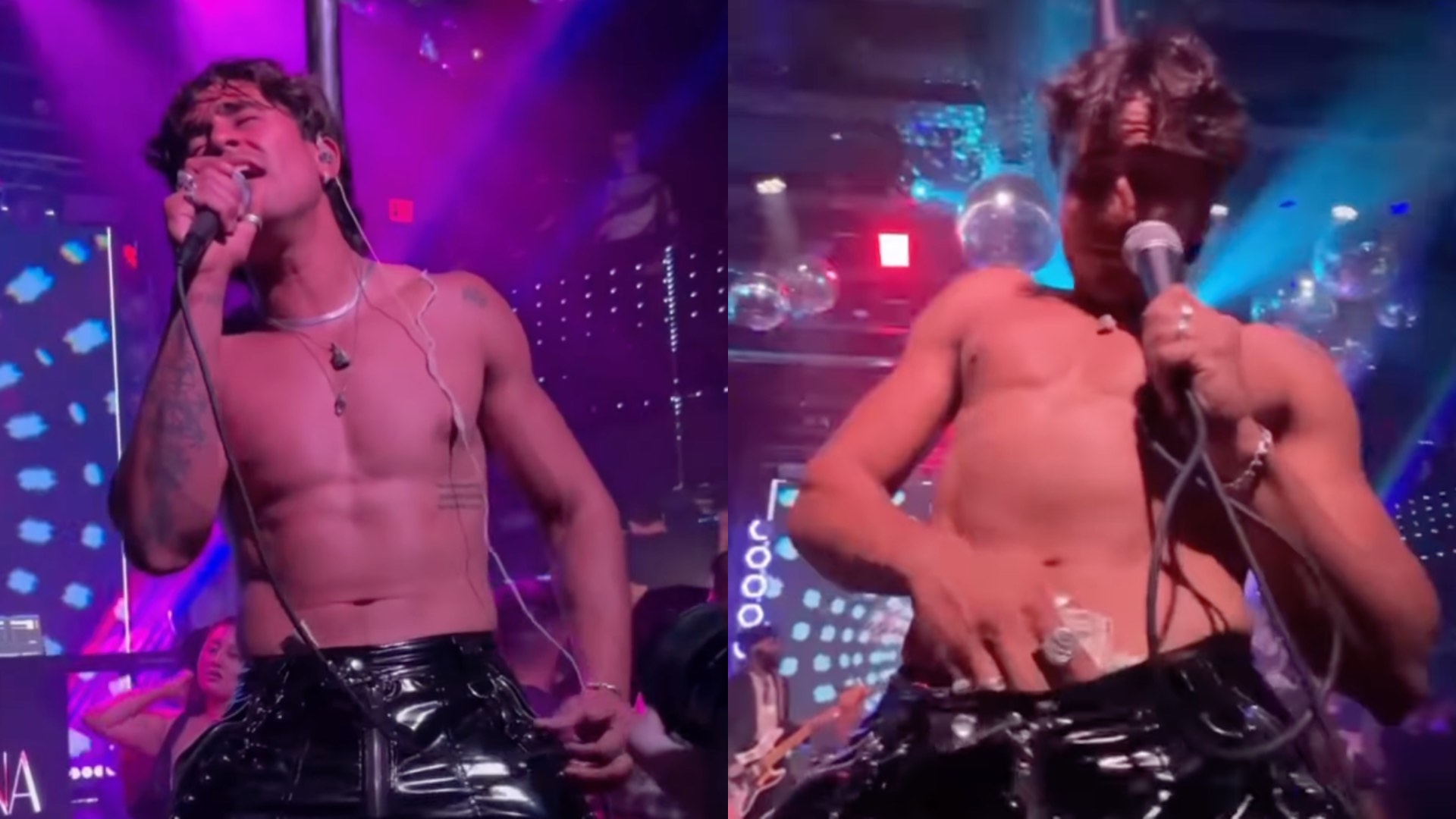 Michael Cimino topless in leather trousers, performing with money down his front
