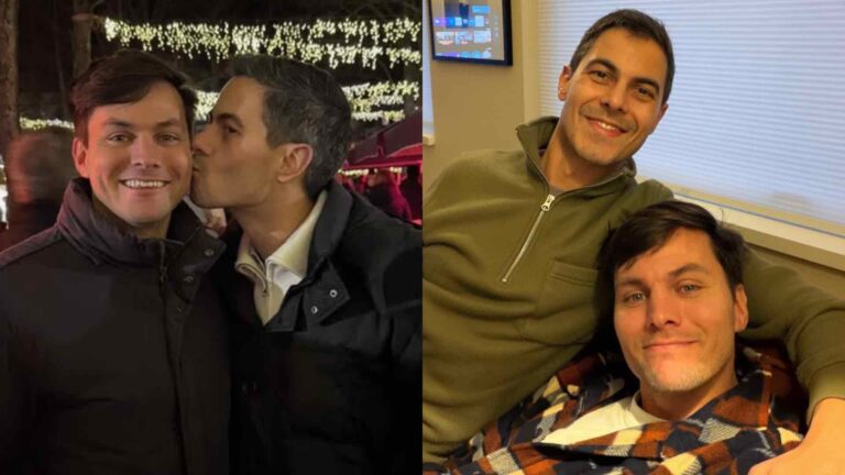 Rob Jetten kissing Nicolás Keenan on the left and Jetten with his arm around his fiancé on the right