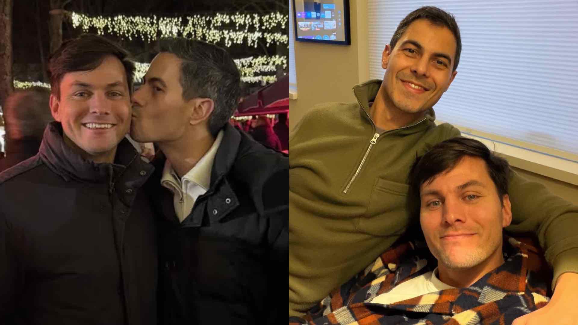Rob Jetten kissing Nicolás Keenan on the left and Jetten with his arm around his fiancé on the right