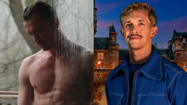 Stephen Libby shirtless in an outdoor shower on the left and his The Traitors headshot on the right