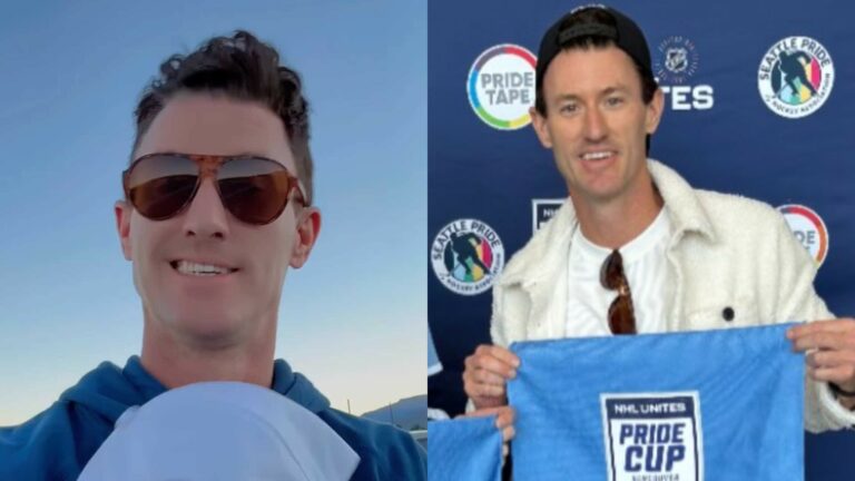 Matt Kenny in sunglasses on the left and at the 2026 National Hockey League Unites Pride Cup game on the right