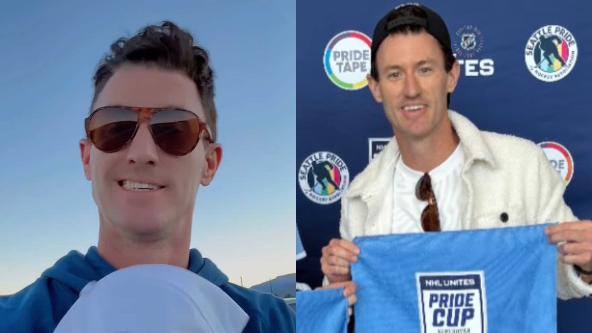 Matt Kenny in sunglasses on the left and at the 2026 National Hockey League Unites Pride Cup game on the right