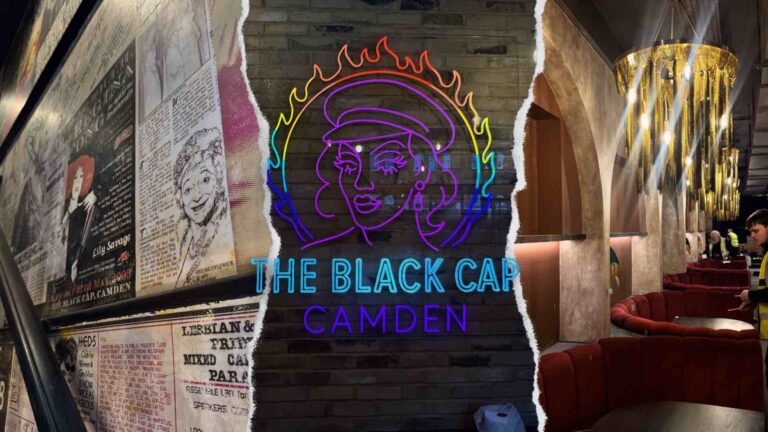 The Black Cap stairwell, sign and booths