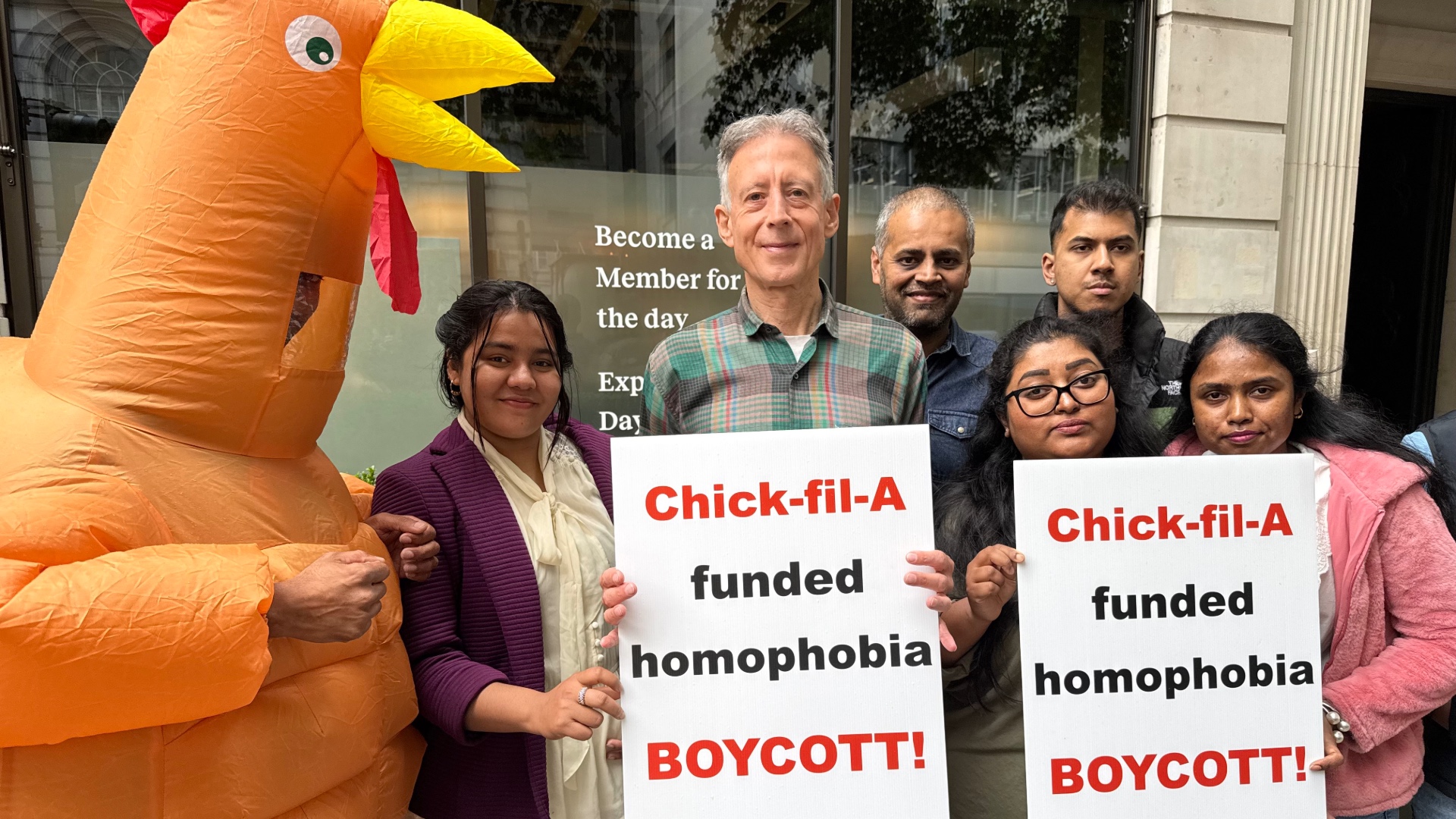 Peter Tatchell protesting against Chick-fil-A's London expansion