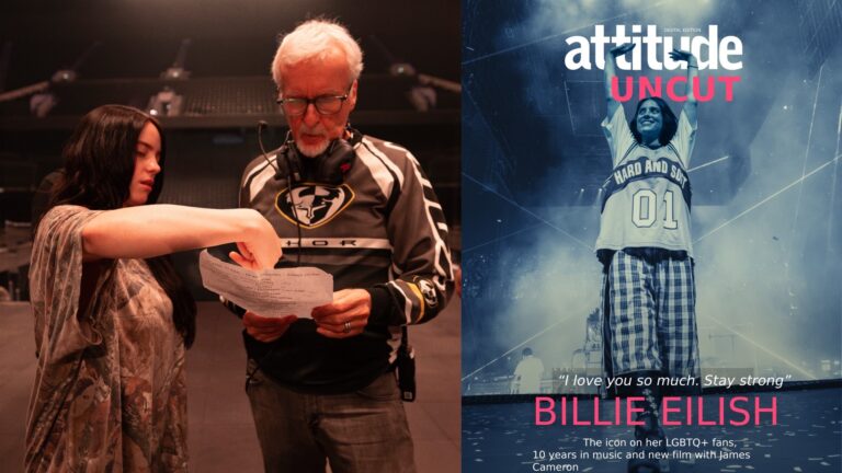 Billie Eilish talking with James Cameron in a still from their new movie, and right, on the cover of Attitude Uncut while performing at a gig (Images: Press)