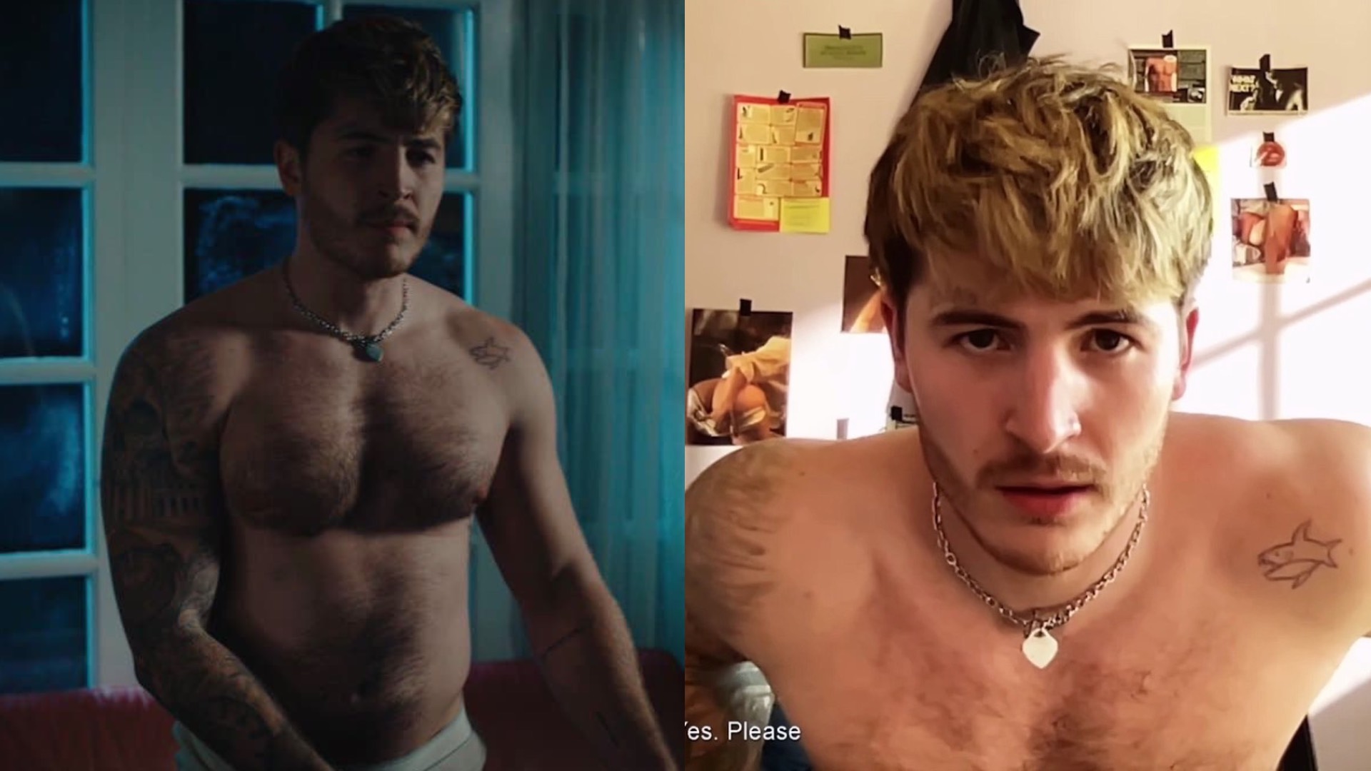 Kieron Moore in a composite of topless images of him as Aaron Eagle, a gay camboy in Blue Film