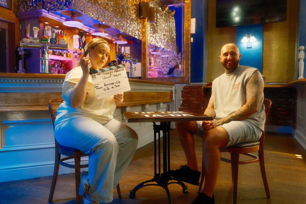 Charley Marlow and Jaxon Feeley on the set of Tip Toe or Ta-Da in Church on Canal Street, Manchester