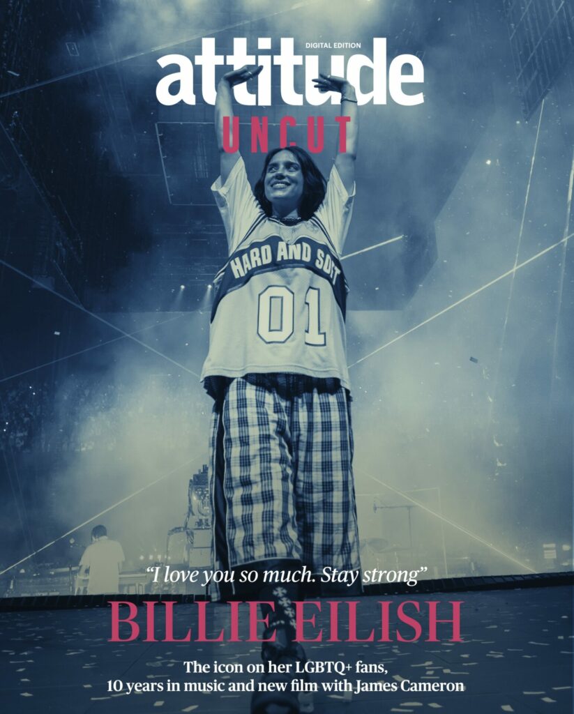 Billie eilish on the cover of attitude uncut, the image shows her on stage at a gig