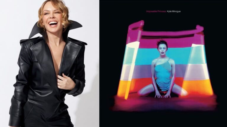 Kylie in a black jacket photographed in 2026, and right, on the cover of 1997's Impossible Princess (Images: Netflix/Copyright Darenote/Deconstruction)