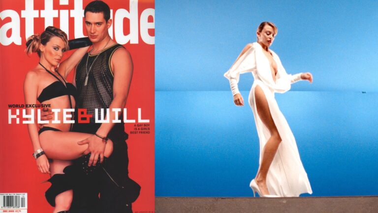 Kylie Minogue and William Baker on the cover of Attitude in 2002, and right, Kylie on the 'Can't Get You Outta My Head' video (Image: Attitude/Netflix)
