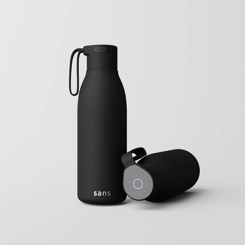 The Sans self-cleaning water bottle in black against a white background