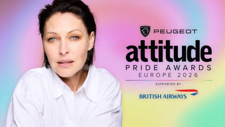 Emma Willis in a white short with the PEUGEOT Attitude PRIDE Awards Europe, supported by British Airways logo against a colourful backdrop