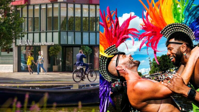A split image showing a modern building by a canal with a cyclist on the left, and two smiling men wearing colourful feathered carnival headpieces on the right.