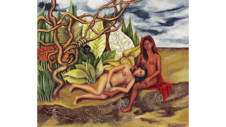 a work by Frida Kahlo showing two women sitting down outdoors - Frida Kahlo, Dos desnudos en el bosque (La tierra misma) (Two Nudes in a Forest), 1939. Oil on metal, 25 x 30.2 cm (9 7/8 x 11 7/8 in.). Private Collection