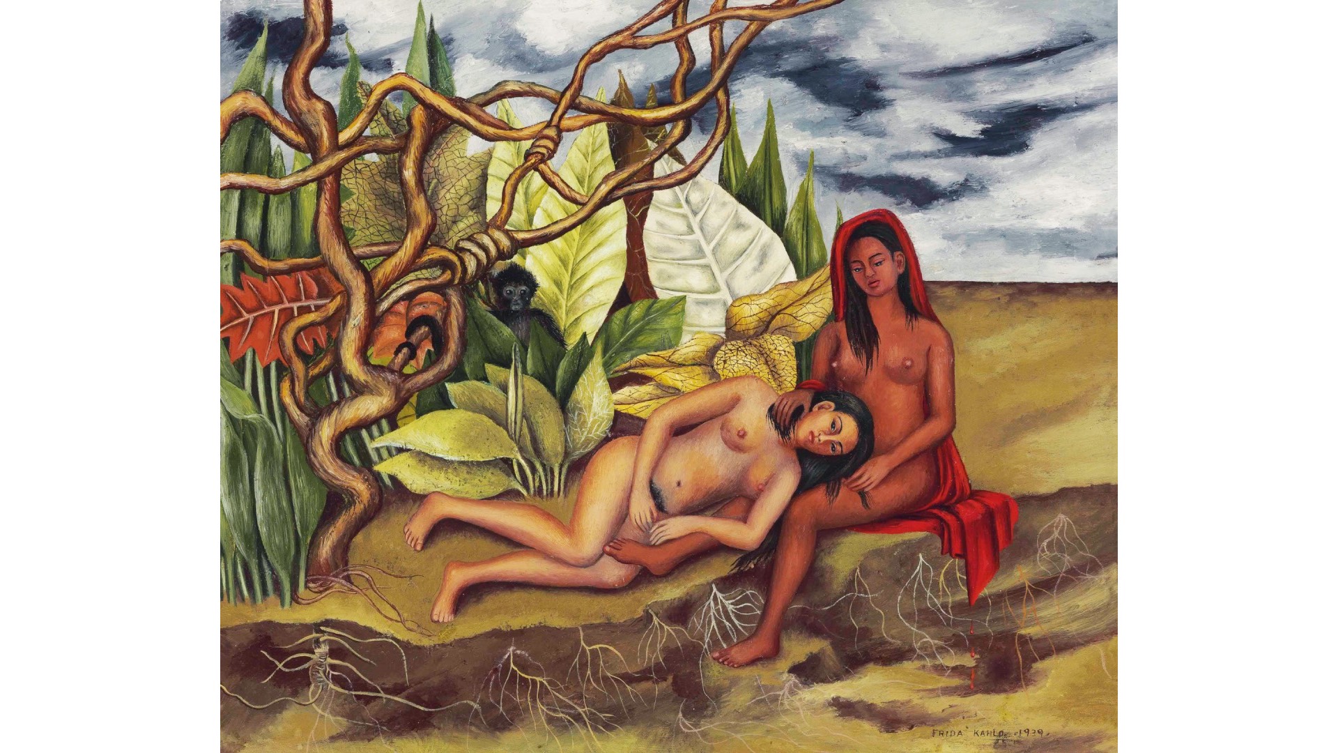 a work by Frida Kahlo showing two women sitting down outdoors - Frida Kahlo, Dos desnudos en el bosque (La tierra misma) (Two Nudes in a Forest), 1939. Oil on metal, 25 x 30.2 cm (9 7/8 x 11 7/8 in.). Private Collection