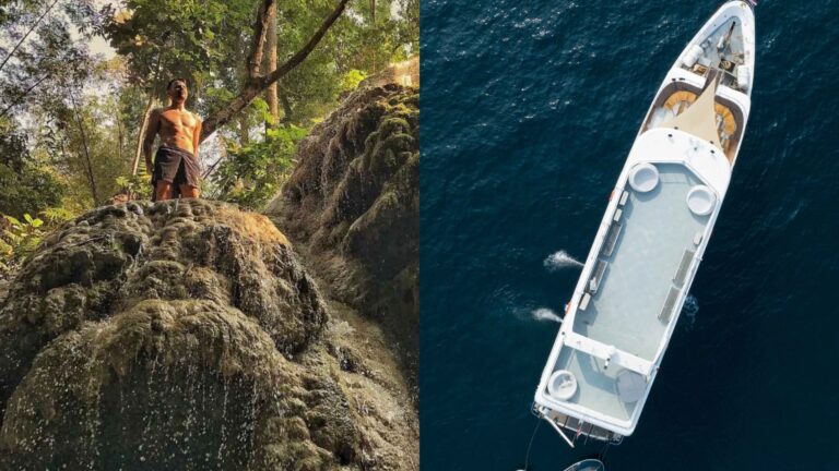 A composite image of a man standing shirtless on a waterfall in Thailand and an overhead view of a boat sailing in the ocean in Thailand