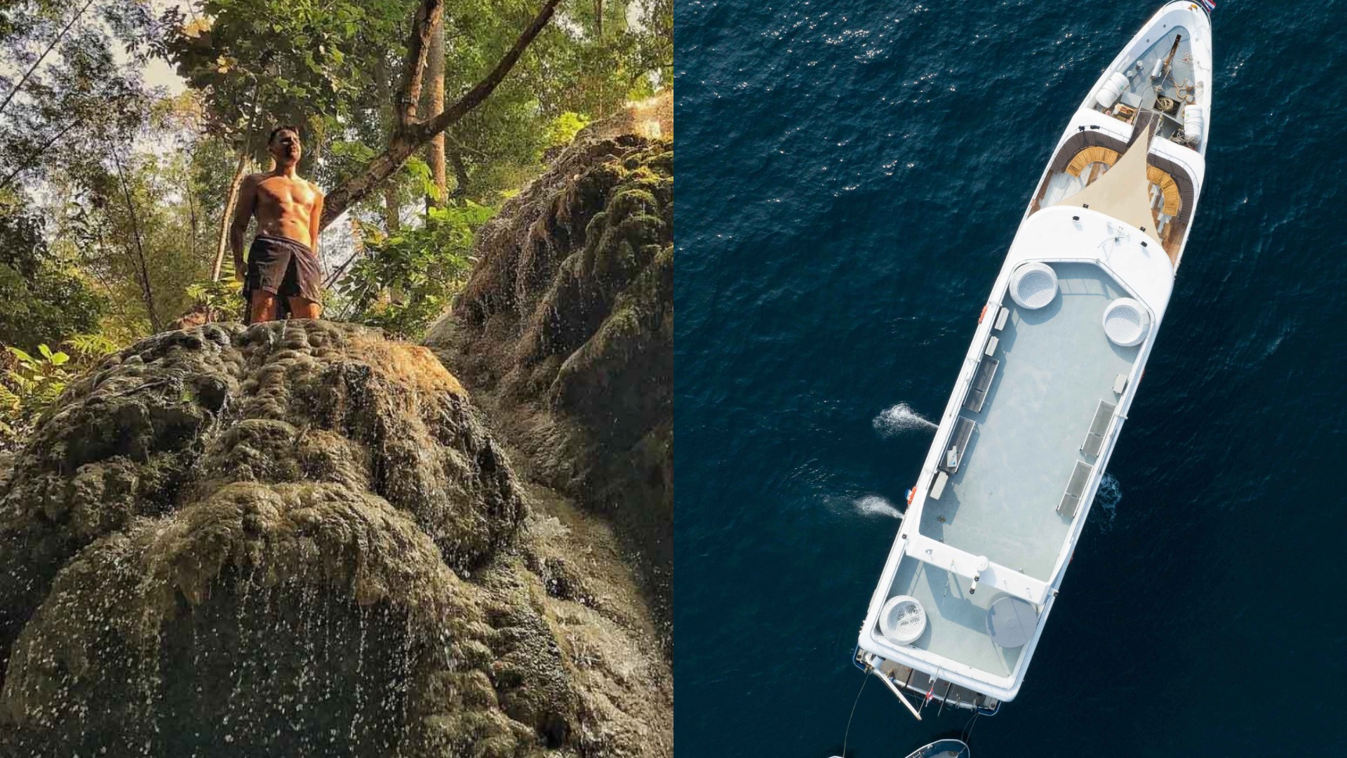 A composite image of a man standing shirtless on a waterfall in Thailand and an overhead view of a boat sailing in the ocean in Thailand
