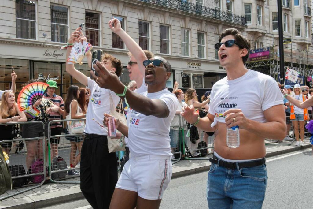 Fred Roberts, James Barr, Syrus Lowe and Lee Knight in the 2026 Pride in London parade