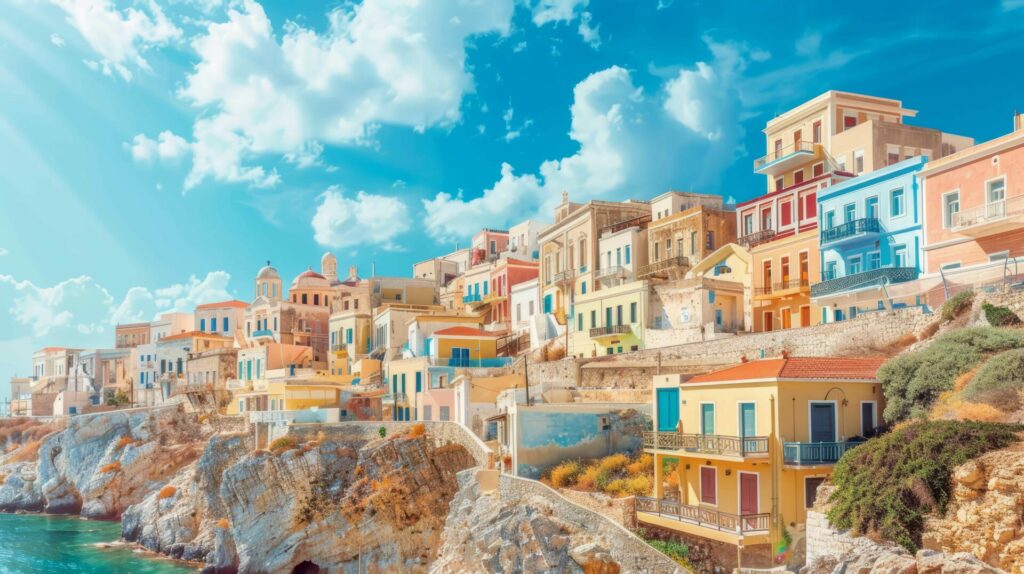 Syros' pastel coloured building near the sea front