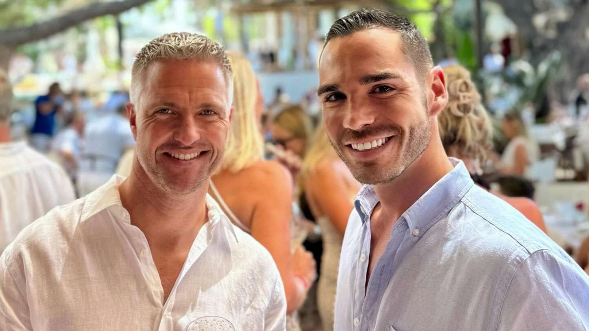 a photo from Ralf Schumacher showing him and husband Étienne Bousquet-Cassagne posing at a terraced event