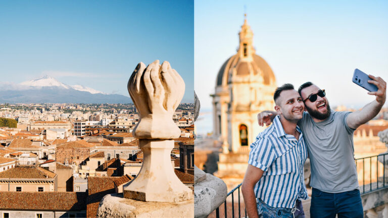 Two images Mount Etna on the right and a couple in Catania on the left