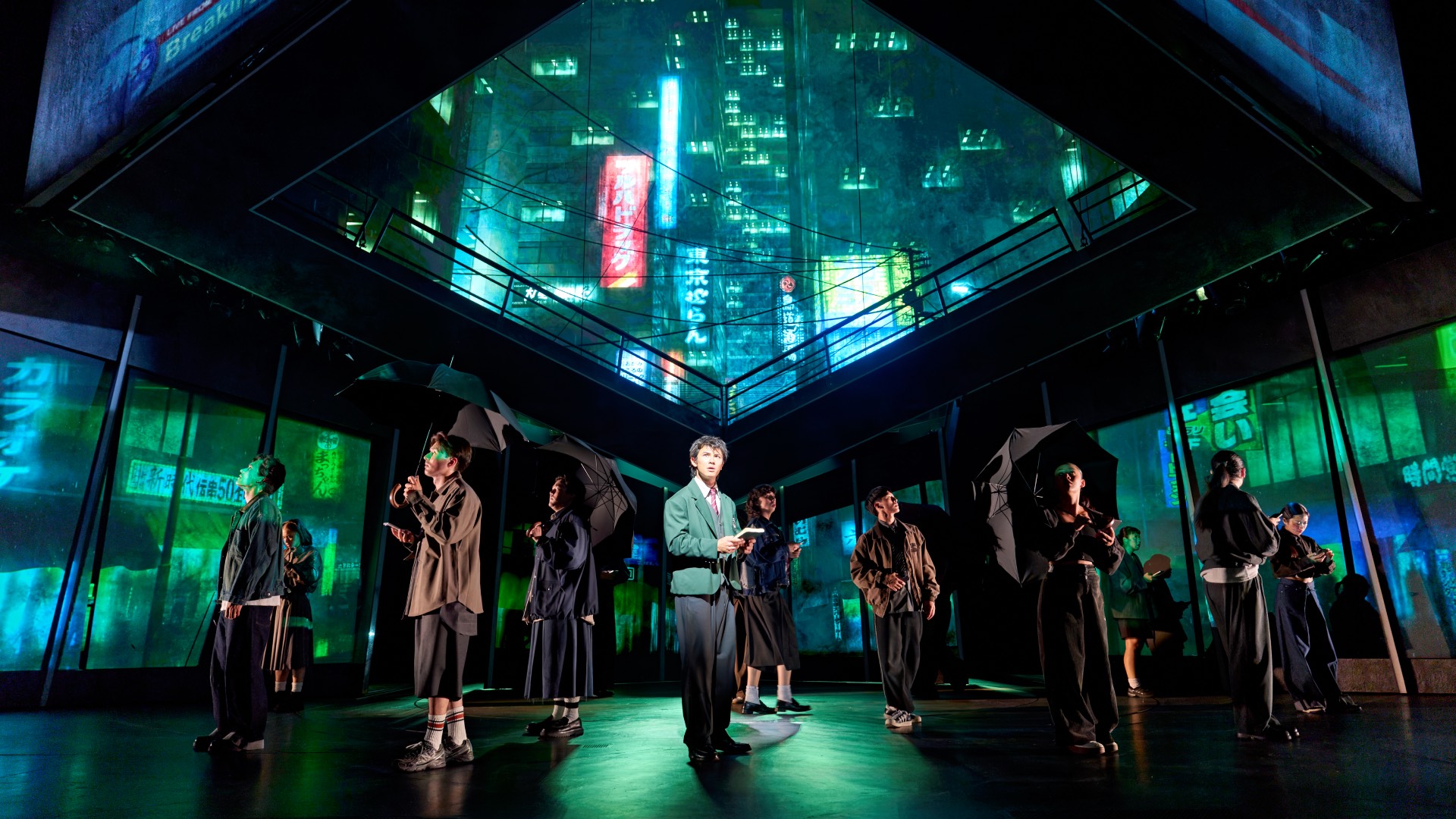 Xander Pang and cast of Death Note The Musical on-stage under lights (Image: Manuel Harlan)