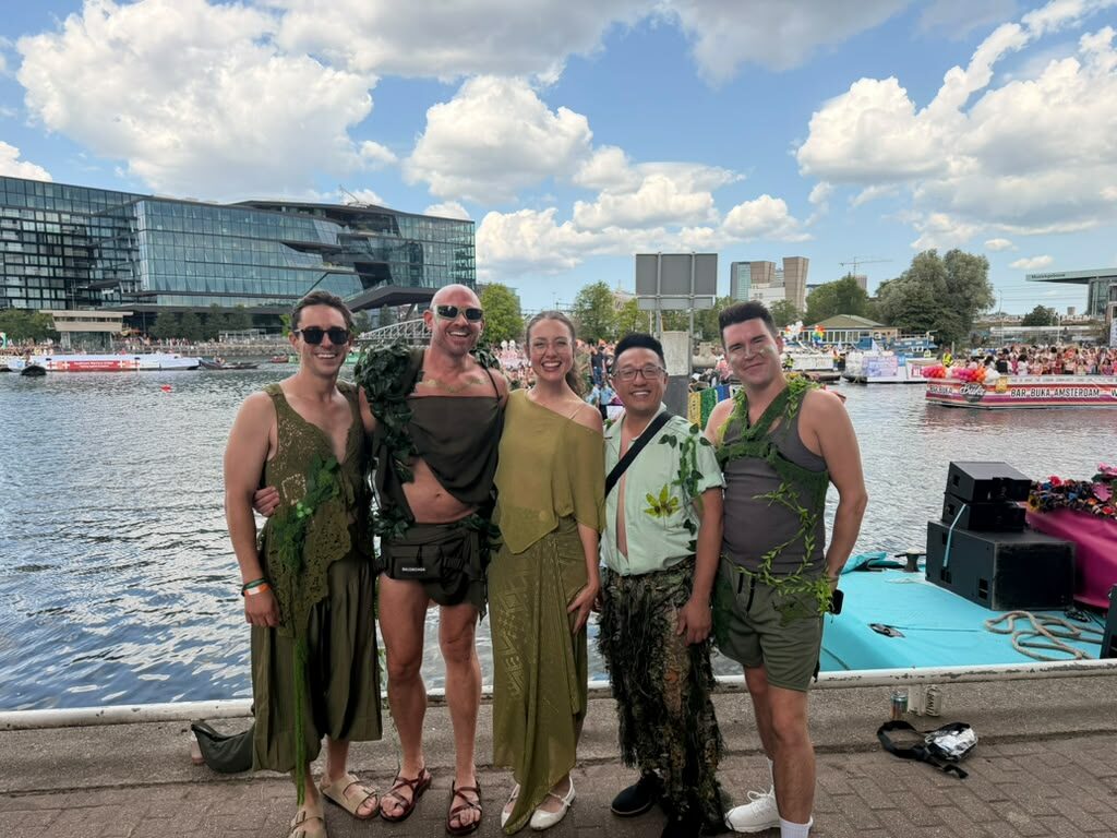 The West Hollywood team dressed in green for the Canal Pride float council member and former mayor Chelsea Vyers centre, vice mayor Danny Hang to the right of her