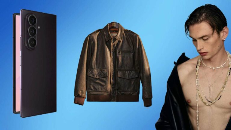 A photo collage showing a Samsung Fold8 Ultra, a leahter jacket and a man wearing a necklace baring his chest