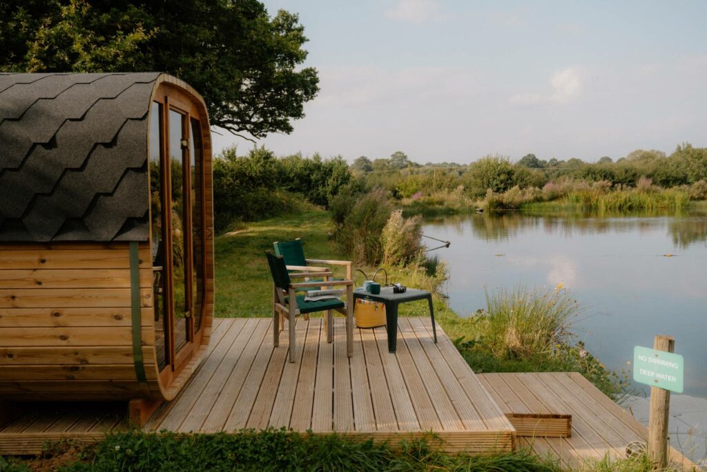 Lake and sauna at Ridge & Furrow Farm