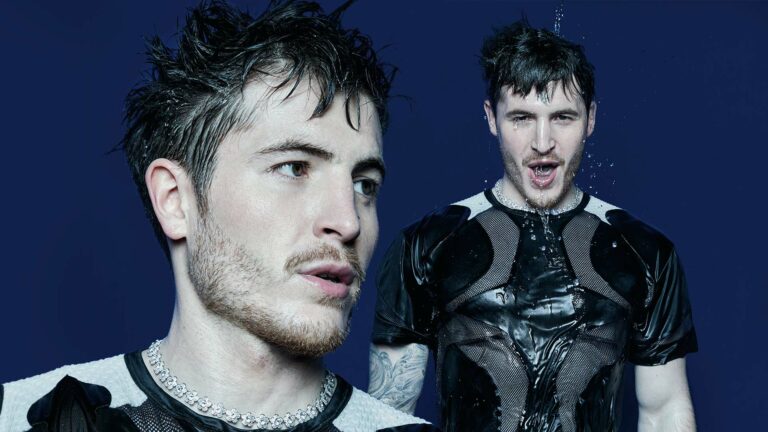 a collage of images of Kieron Moore from his Attitude shoot, one close up quarter profile, and won of his torso in a black T-shirt wet