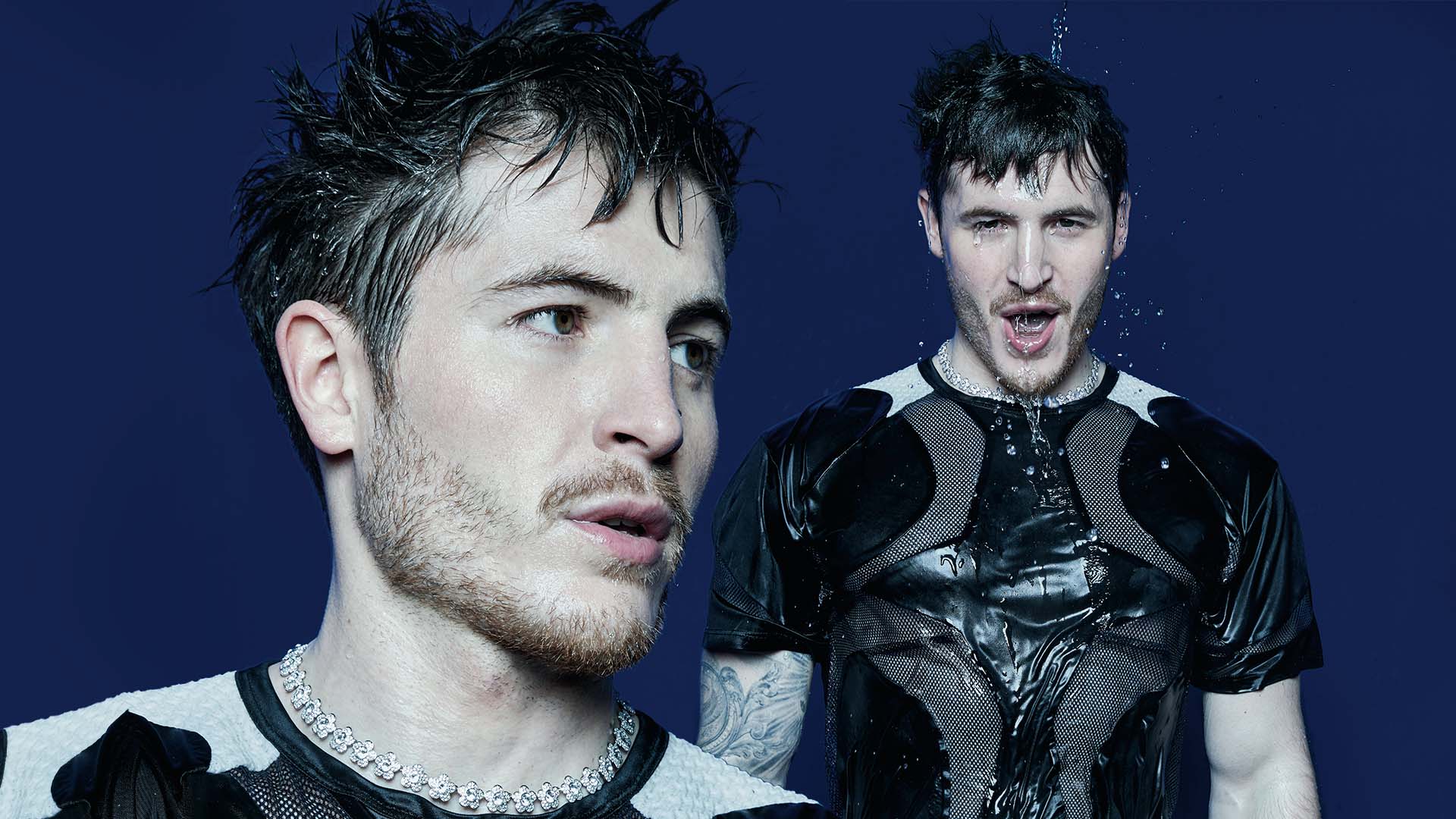 a collage of images of Kieron Moore from his Attitude shoot, one close up quarter profile, and won of his torso in a black T-shirt wet