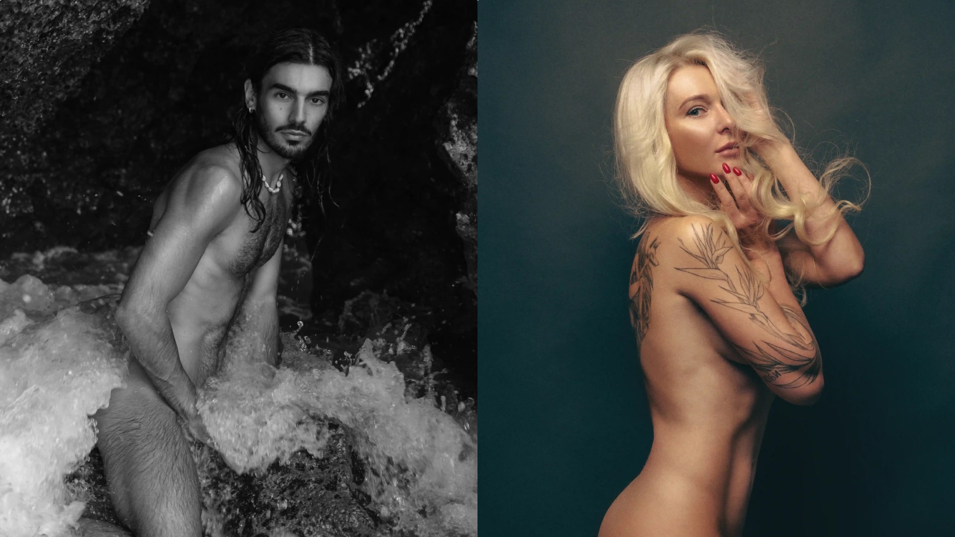 a composite of photos of two models, one a man in black and white naked in the surf, one of a blonde woman in a studio looking to the side
