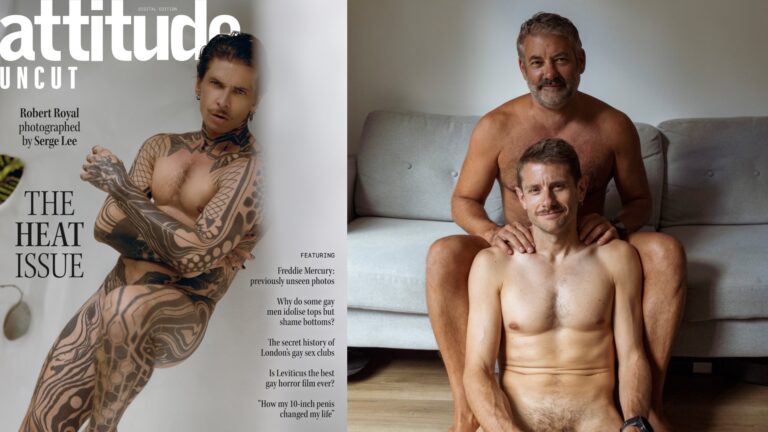Robert Royal on the cover of Uncut, baked against a grey backdrop, lots of tattoos, and right, a photo from the new issue celebrating 16 years of meat zine, showing two naked men sitting in a living room and smiling (Images: Serge Lee/meat)
